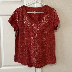 Style & Co Red Floral Boho Indie V-Neck Short Sleeve Tee Shirt Size Medium